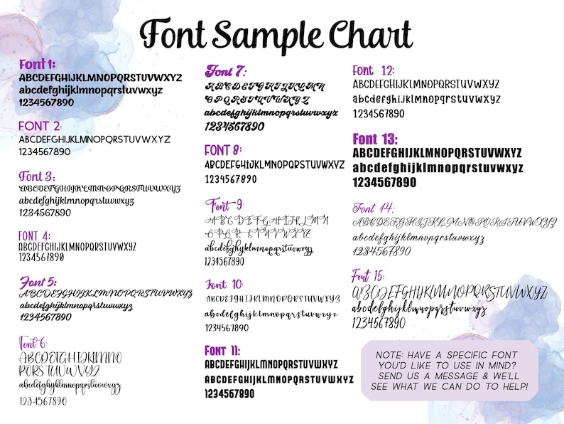 May include: A chart with 15 different font styles, each labeled with a number. The chart shows the alphabet in uppercase and lowercase, as well as the numbers 1234567890. The chart also includes a note that says "Have a specific font you'd like to use in mind? Send us a message & we'll see what we can do to help!"