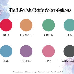 Op de afbeelding: Een grafiek met verschillende kleur opties voor nagellak flesjes. De kleuren zijn rood, oranje, groen, teal, blauw, paars, roze en antraciet.