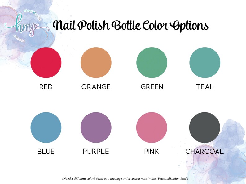 Op de afbeelding: Een grafiek met verschillende kleur opties voor nagellak flesjes. De kleuren zijn rood, oranje, groen, teal, blauw, paars, roze en antraciet.
