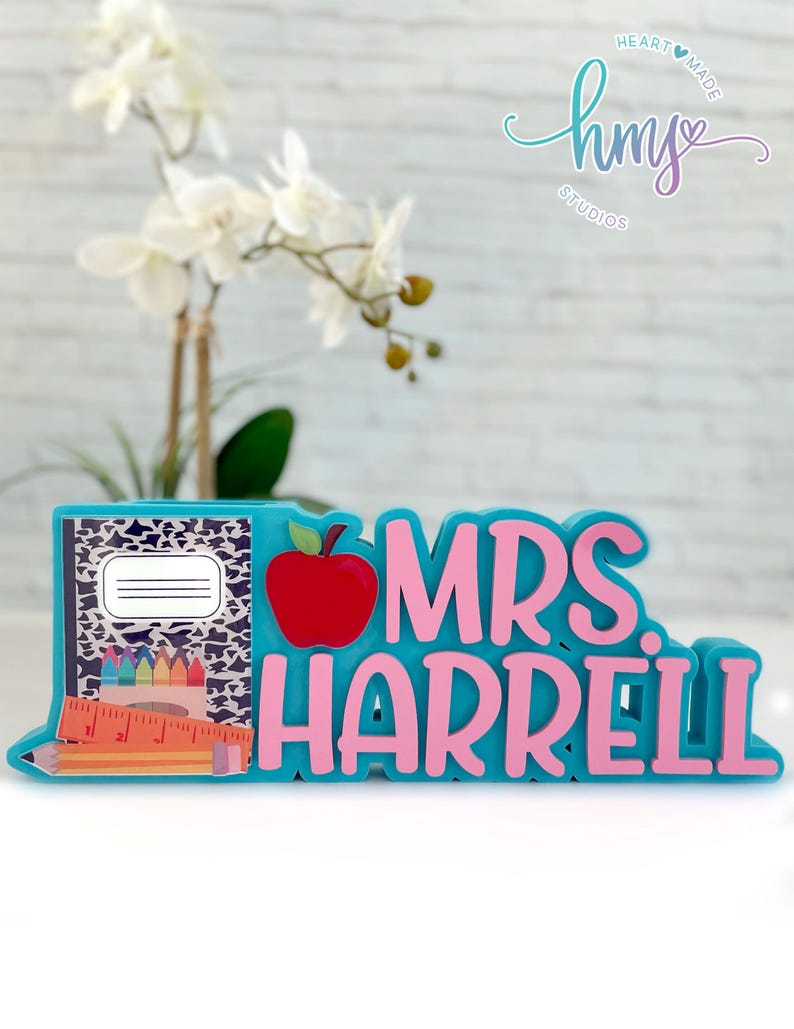 Personalized Name Plate,Name Plate,Teacher Name Plate,Name Plate with Pen Holder, Teacher Pen Holder,Gift for teacher, teacher appreciation Arctic Blue