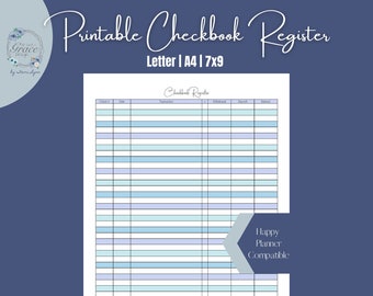 Printable Blue Checkbook Register Income and Expense Tracker Financial and Budget Tool Checkbook Template Letter, A4, & 7x9