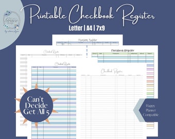 May include: Five printable checkbook register templates in letter, A4, and 7x9 sizes. The templates feature different layouts with alternating coloured rows and columns. The text "Can't Decide Get All 5" is featured in a sunburst design.