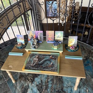 Mesa de meditación de la Sirena Atlante GRANDE - juego de 10, mesa de tarot del Sol y la Luna, mesa ritual, mesa de altar, mesa de ofrendas, porta tarot