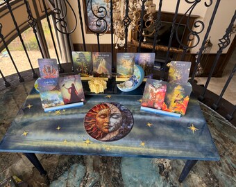 The celestial sun moon altar table with  Altar Table with citrine and Lapis stones, All pieces included with table