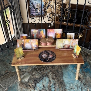Mesa de meditación GRANDE - Juego de 9, mesa de tarot antigua del Sol y la Luna, mesa ritual, mesa de altar, mesa de ofrendas, porta tarot, santuario,
