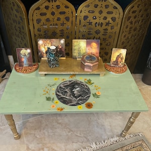 mesa de meditación GRANDE-juego de 10, mesa de tarot de la diosa, mesa ritual, mesa de altar, mesa de ofrendas, porta tarot, mesa de cristal, santuario,
