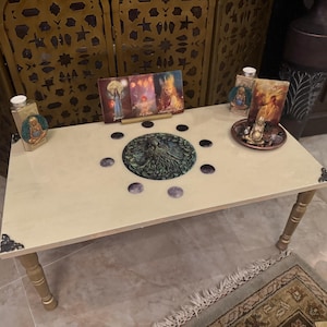 mesa de meditación GRANDE - juego de 10, mesa de tarot de la diosa, mesa ritual, mesa de altar, mesa de ofrendas, porta tarot, mesa de cristal, santuario,