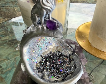 Howling Wolf & Moon crystal bowl Altar Companion – Awakened Guardian with Sealed Name and Story