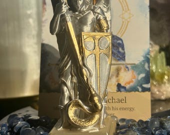 Archangel Michael Statue Card Holder with Lapis & Celestite, Sacred Protection Altar Companion, Angel Display with Bracelet, Prayer Scroll