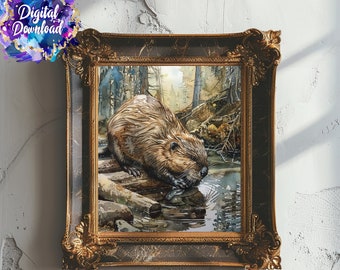 Digital download art rustic wall art print beaver art landscape print farmhouse wall decor printable art watercolor country decor hunter