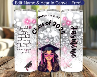 Custom Graduation Tumbler PNG Class of 2026 Wrap Brunette Grad Clipart Canva Template Editable Name Silver Glitter 300 DPI Sublimation