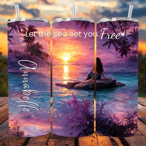 Mermaid Tumbler Wrap PNG 20 oz Skinny Sublimation Design Let the Sea Set You Free Personalized Canva Template Ocean Fantasy PNG Alcohol Ink