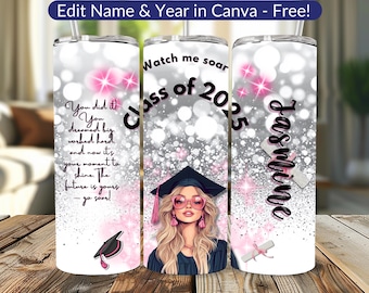 Custom Graduation Tumbler PNG Class of 2026 Wrap Blonde Graduate Clipart Canva Template Sublimation Glitter Silver Personalized Gift 300 DPI