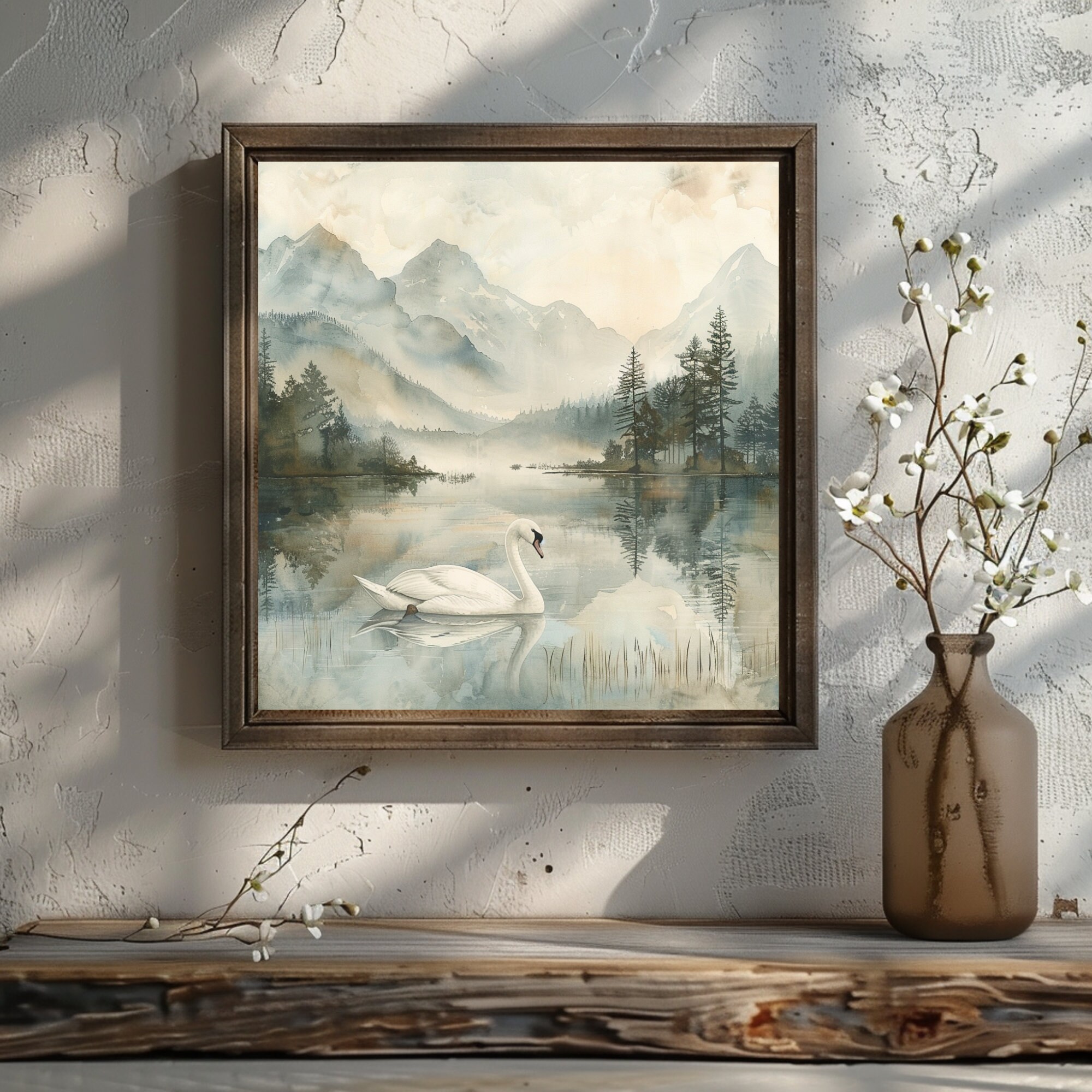 Digital Download Art Rustic Wall Art Print Swan Art Wall Vintage Style ...