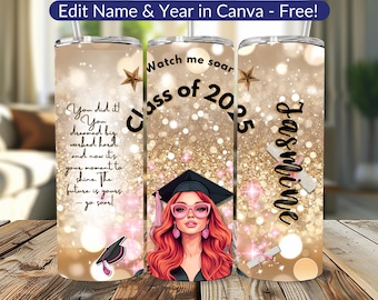 Custom Graduation Tumbler PNG Class of 2026 Wrap Red Hair Girl Gold Glitter Tumbler Sparkle Sublimation Canva Template Personalized Gift