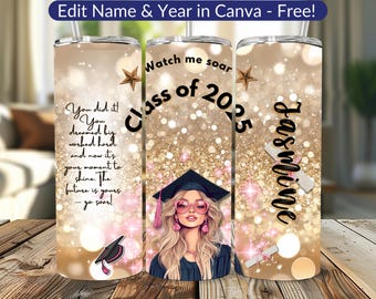 Custom Graduation Tumbler Sparkle PNG Class of 2026 Blonde Graduate Wrap Gold Glitter Canva Template Sublimation Personalized Gift 300 DPI