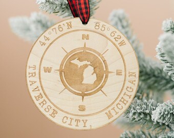 Traverse City Michigan Christmas Ornament, Wood Engraved City Compass Holiday Ornament, Michigan Gifts, Family Keepsake, Made in Michigan