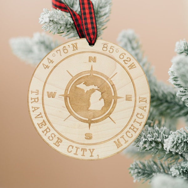 Traverse City Michigan Christmas Ornament, Wood Engraved City Compass Holiday Ornament, Michigan Gifts, Family Keepsake, Made in Michigan
