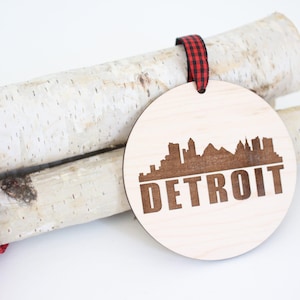 Detroit Bold Skyline Michigan Christmas Ornament, Wood Engraved City Holiday Ornament, Michigan Gifts, Family Keepsake, Made in Michigan