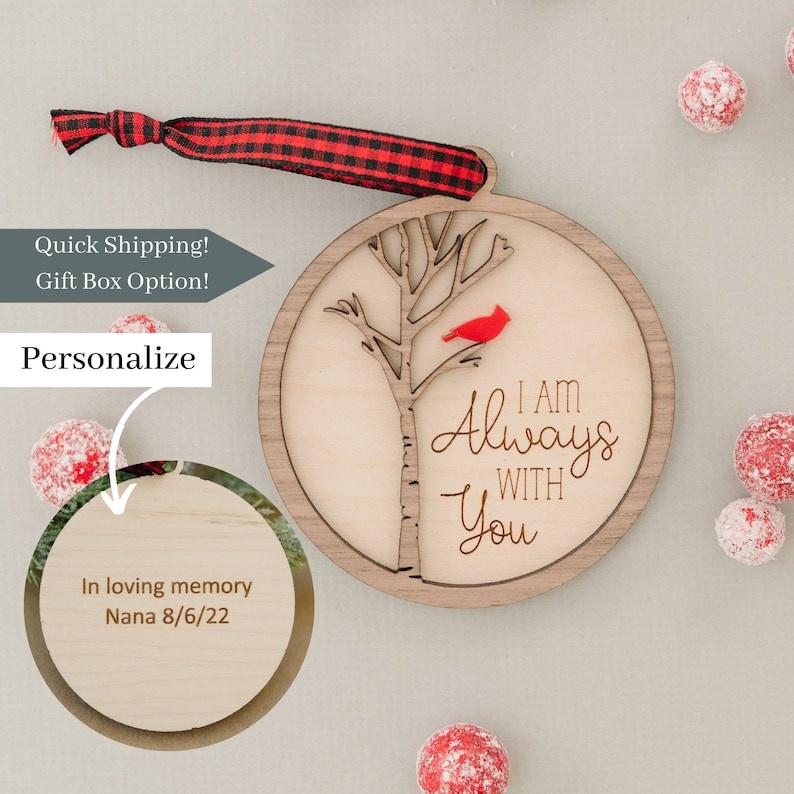 Cardinal Memorial Christmas Ornament, Personalized Sympathy Gift, Holiday Tree Ornament, Always With You, Thinking of You, Remembrance Gift image 1