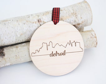 Detroit Simple Skyline Michigan Christmas Ornament, Wood Engraved City Holiday Ornament, Michigan Gifts, Family Keepsake, Made in Michigan