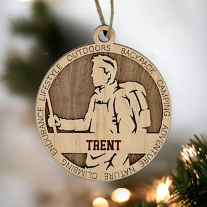 Personalized Male Hiking Christmas Ornament, Custom Happy Camper Ornament, Camping Ornament, Mountain Ornament, Camping Gifts