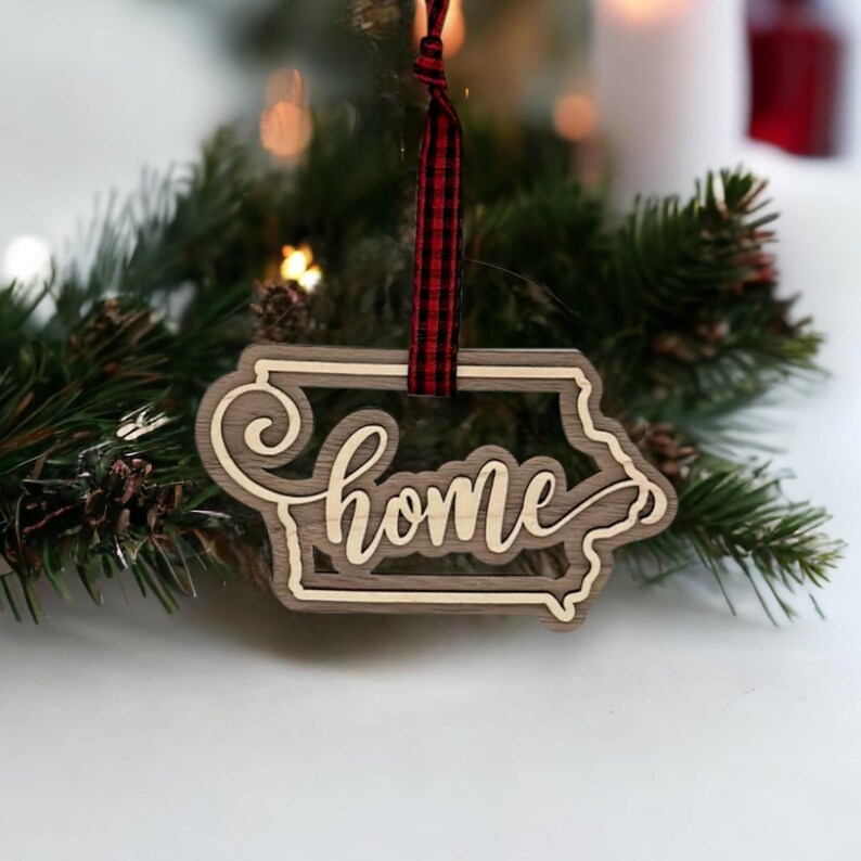 Iowa Home Double Layer State Ornament, Des Moines Iowa Christmas Tree