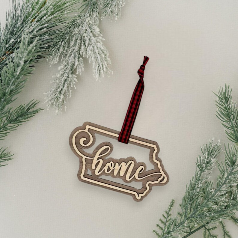 Iowa Home Double Layer State Ornament, Des Moines Iowa Christmas Tree