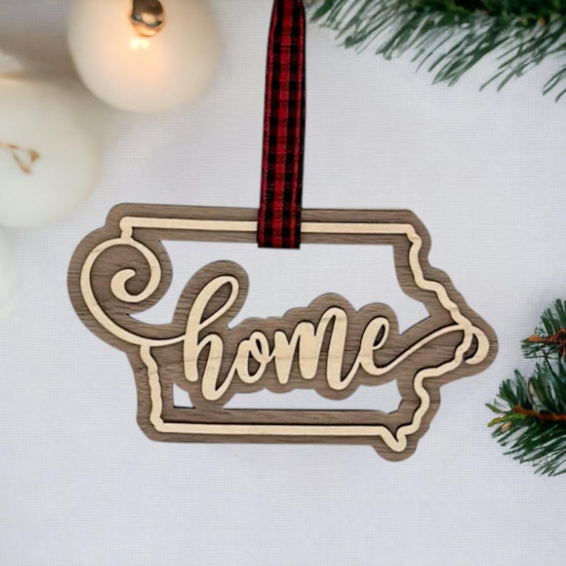 Iowa Home Double Layer State Ornament, Des Moines Iowa Christmas Tree