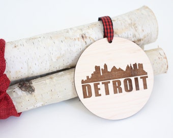 Detroit Bold Skyline Michigan Christmas Ornament, Wood Engraved City Holiday Ornament, Michigan Gifts, Family Keepsake, Made in Michigan