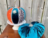 Fall decor, fall decoration, pumpkin decor, autumn decor, fall decorations, jeweled pumpkin, velvet pumpkins, tabletop decor, teal pumpkin
