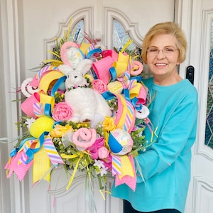 Easter Bunny Door Wreath: Handmade Velvet Eggs, Floral Spring Decor (36&quot;L x 29&quot;W)
