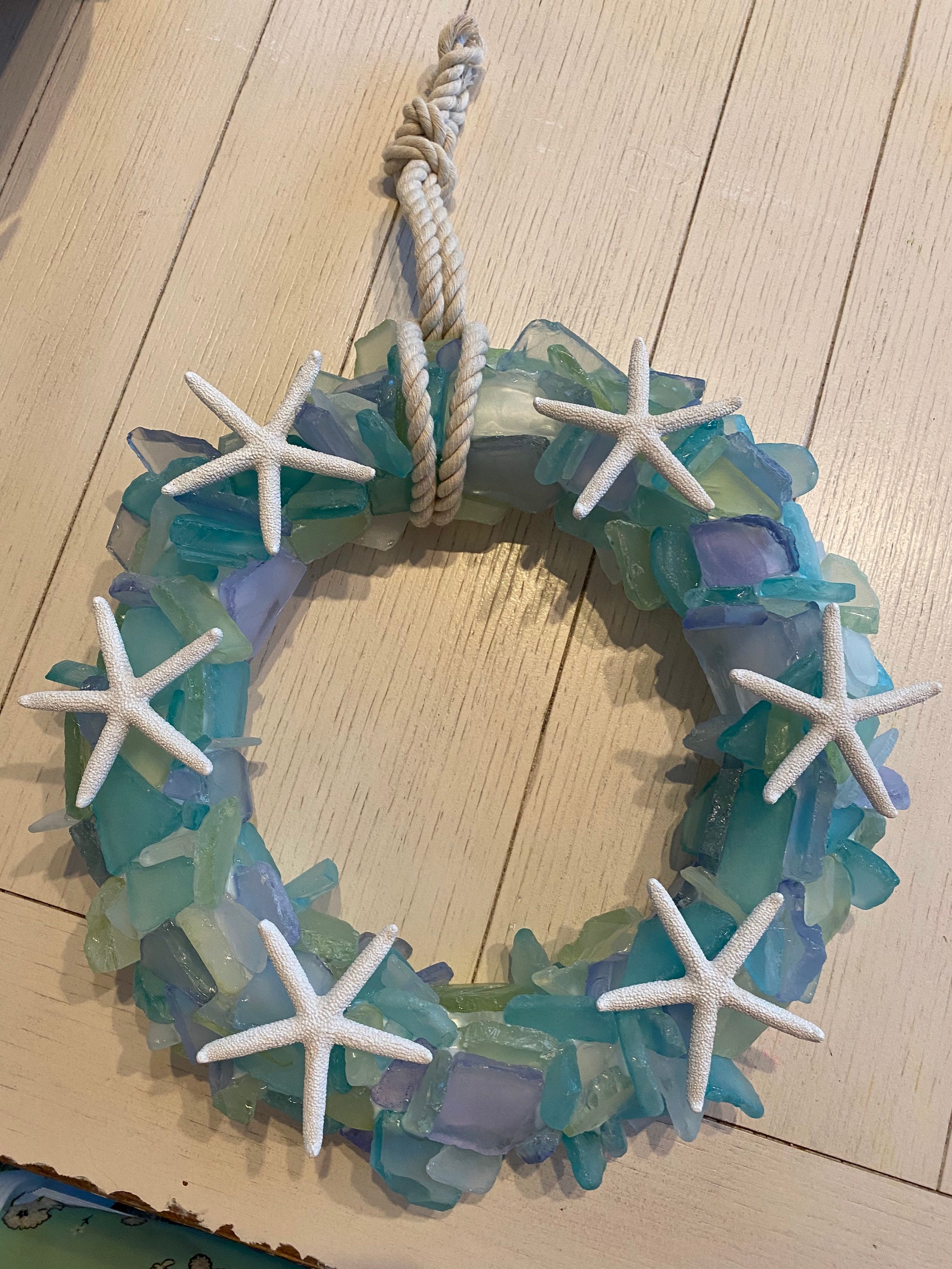 16d Sea glass wreath with starfish and rope hanger. | Etsy