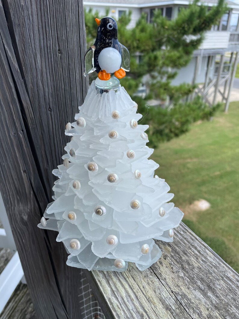 Penguin Topped Seaglass Christmas Tree With Lighted Base Etsy
