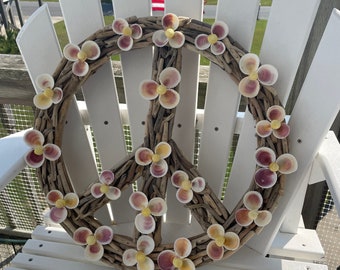 Driftwood peace sign with Shell flowers