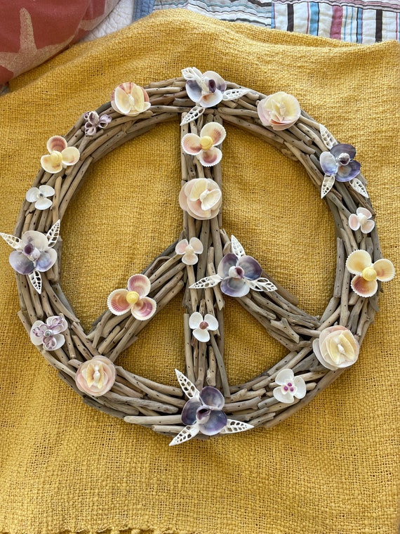 Driftwood Peace Sign With Shell Flowers | Etsy