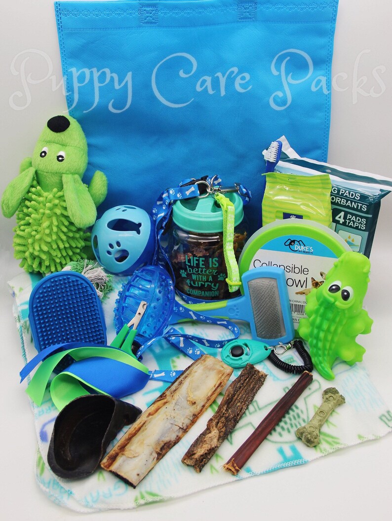 May include: A blue tote bag with the words "Puppy Care Packs" printed on it. The bag is filled with various puppy care items, including a green plush toy, a blue and green chew toy, a blue and green dog brush, a blue and green dog collar, a blue and green dog leash, a blue and green dog bowl, a green and blue dog treat jar, a green and blue dog bone, a green and blue dog toy, a green and blue dog bandana, a green and blue dog poop bag dispenser, and a green and blue dog poop bag.