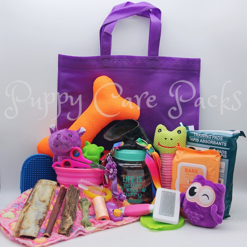 May include: A purple tote bag filled with dog care items, including a chew toy, a water bottle, a brush, a training pad, and a plush toy. The bag has the text "Puppy Care Packs" printed on it.