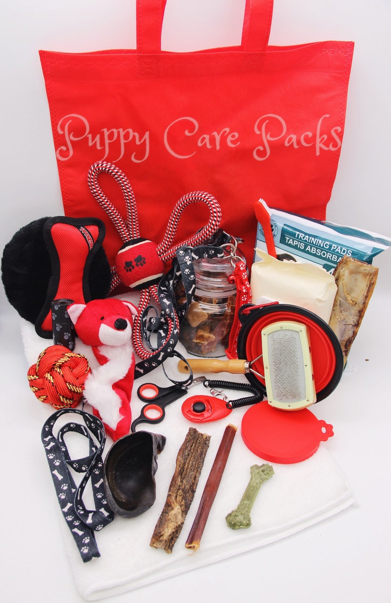 May include: A red tote bag with the words "Puppy Care Packs" printed on it. The bag is filled with various puppy supplies, including a red rope toy, a black and white dog leash, a plush toy, a red chew toy, a dog brush, a bowl, a bag of training pads, and a jar of dog treats.
