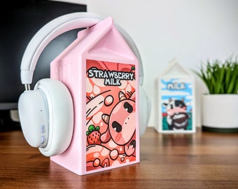 Milk Carton Headphone Stand - Strawberry Milk Gaming Setup - Kawaii Room Decor - Strawberry Cow Headset Stand