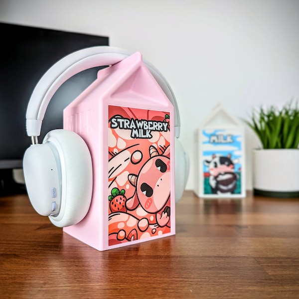 Milk Carton Headphone Stand - Strawberry Milk Gaming Setup - Kawaii Room Decor - Strawberry Cow Headset Stand