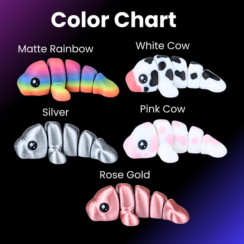 May include: A colour chart shows articulated toy worms in different colours. Options include matte rainbow, white cow, silver, pink cow, and rose gold. Each worm has a segmented body and a small, round eye.