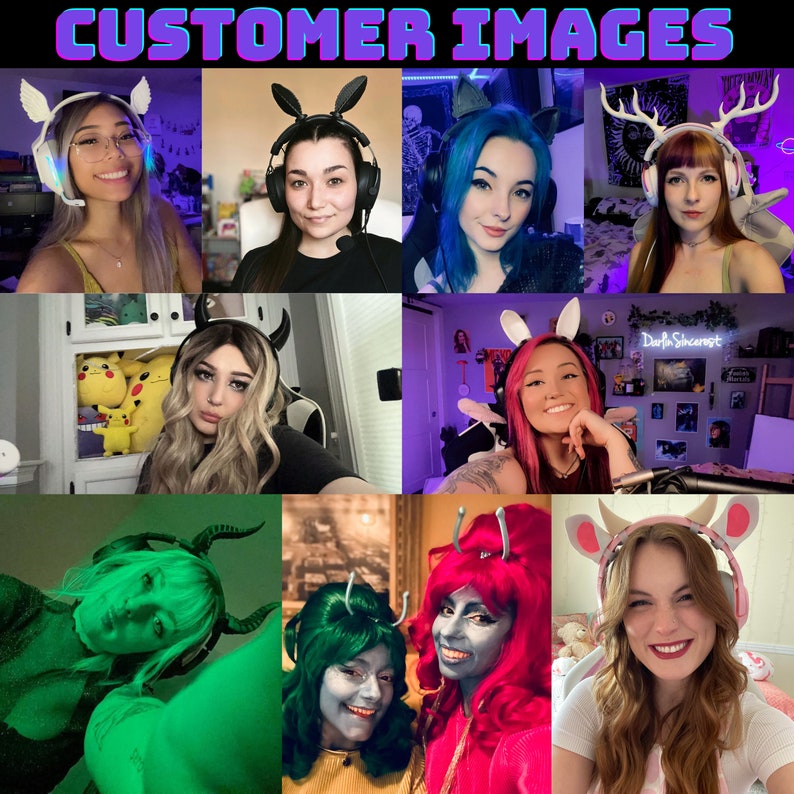 Pu&ograve; includere: Un collage di immagini che ritraggono persone che indossano varie cuffie colorate e a tema con orecchie di animali. Le cuffie hanno diversi design, tra cui orecchie di coniglio, corna di cervo e corna di diavolo. Le persone nelle immagini sorridono e guardano la fotocamera.