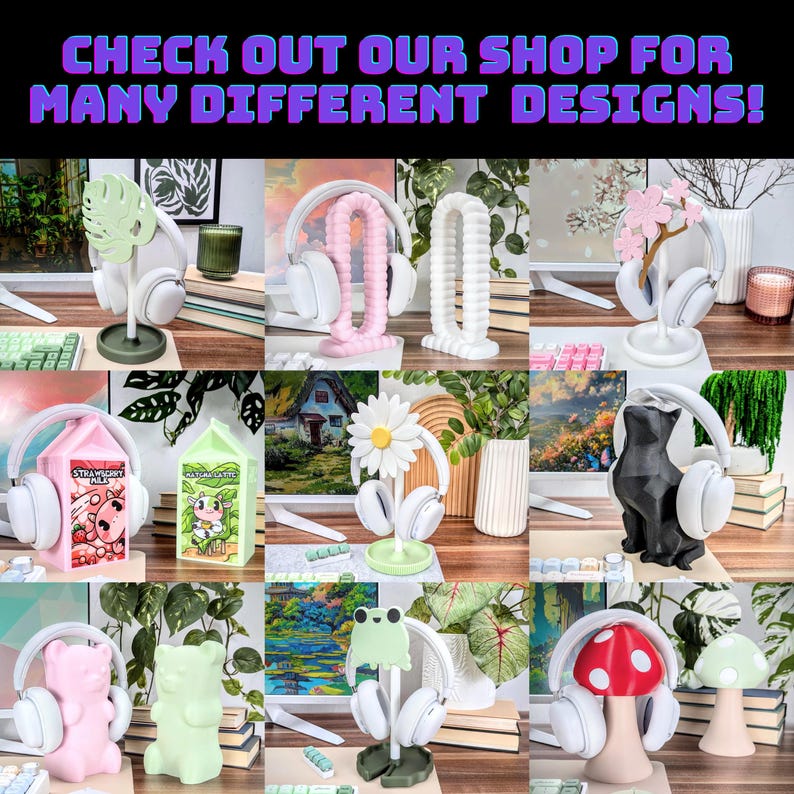 May include: A collage of images showcasing various headphone stands. The stands feature different designs, including a monstera leaf, a daisy, a cartoon frog, a mushroom, a milk carton, and a cat. The stands are made of 3D printed plastic and are available in a variety of colors.