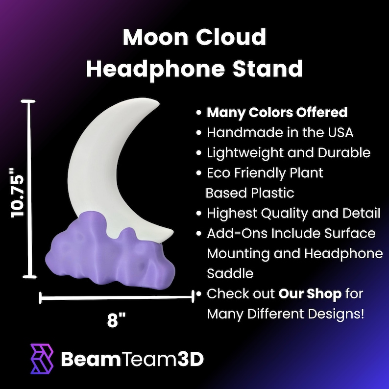 Pode incluir: Um suporte para fones de ouvido impresso em 3D com a forma de uma lua crescente branca com uma base de nuvem roxa. O suporte tem 10,75 polegadas de altura e 8 polegadas de largura. O suporte &eacute; feito de pl&aacute;stico ecol&oacute;gico &agrave; base de plantas.
