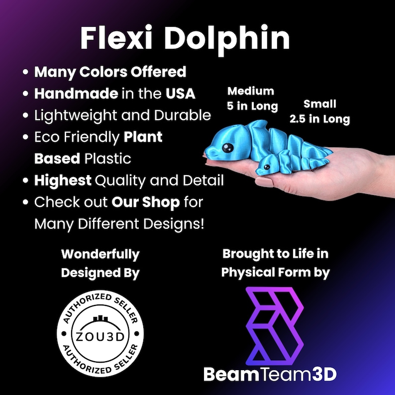 May include: A blue, articulated Flexi Dolphin toy, 5 inches long, is held in a hand. The image includes text stating it is handmade in the USA, made of eco-friendly plant-based plastic, and available in many colors. The text also says "Flexi Dolphin".