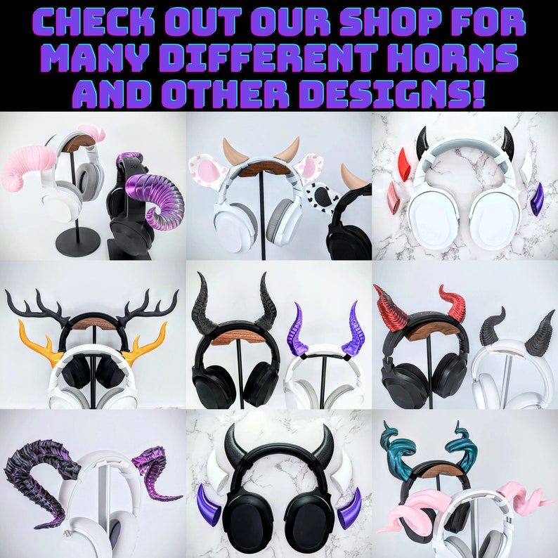 May include: A collection of nine pairs of headphones with different horn-shaped attachments. The horns are in various colors, including purple, red, blue, green, and yellow. The headphones are all white and have a black headband. The text "CHECK OUT OUR SHOP FOR MANY DIFFERENT HORNS AND OTHER DESIGNS!" is displayed at the top of the image.
