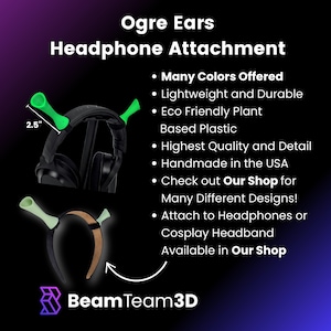 May include: Green ogre ear headphone attachments, 2.5 inches long, shown attached to headphones and a headband. The text reads "Ogre Ears Headphone Attachment" and lists features like "Many Colors Offered" and "Handmade in the USA."