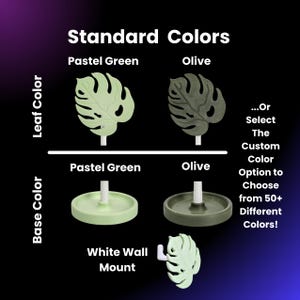 May include: A graphic showing the standard colors for a wall mount plant holder. The holder is available in pastel green and olive green. The leaf is also available in pastel green and olive green. The text reads "Standard Colors", "Pastel Green", "Olive", "White Wall Mount", and "...Or Select The Custom Color Option to Choose from 50+ Different Colors!"
