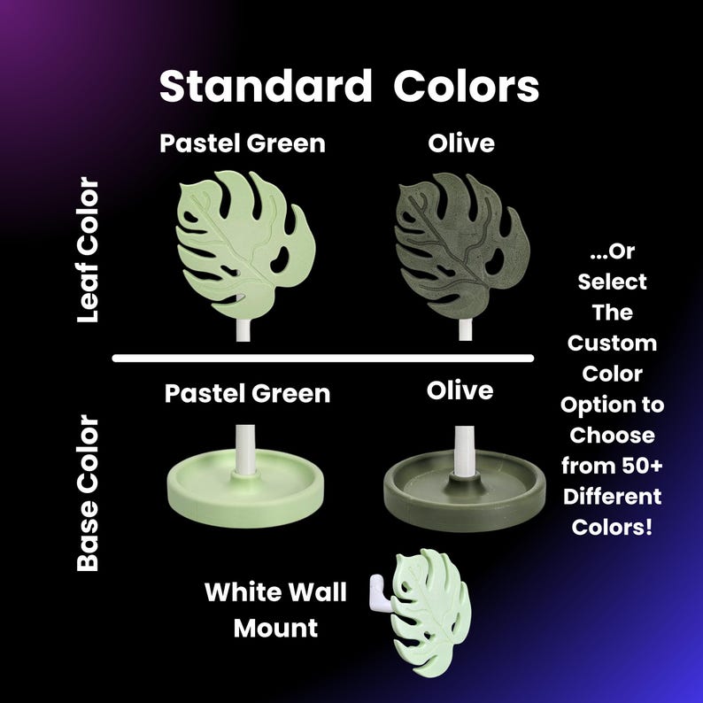May include: A graphic showing the standard colors for a wall mount plant holder. The holder is available in pastel green and olive green. The leaf is also available in pastel green and olive green. The text reads "Standard Colors", "Pastel Green", "Olive", "White Wall Mount", and "...Or Select The Custom Color Option to Choose from 50+ Different Colors!"